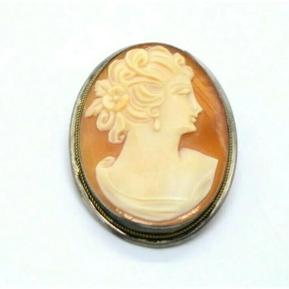 800 Silver Carnelian Shell Cameo Female Bust Flowe